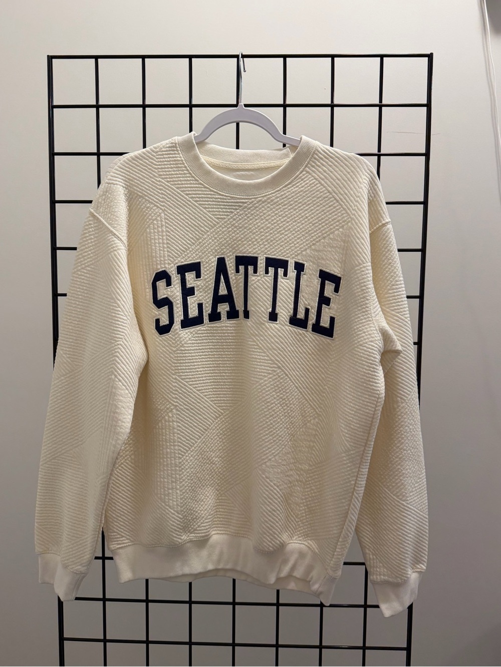 Cream Crewneck Sweater with Navy "SEATTLE" Lettering